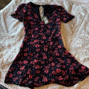 All Saints Black Mini Dress with Red Garden Floral Design